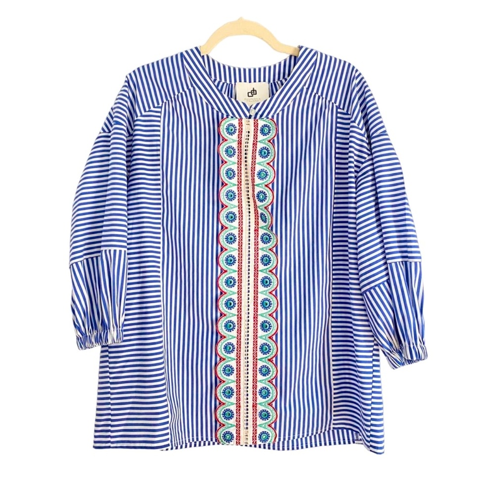 COMPAGNIA ITALIANA 💥RARE💥 Blue & White Striped Embroidered Top Designer Blouse
